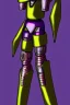 Placeholder: One Genderless Cyborg made of old rusted metal, has a human like face with a really long violet ponytail, they wear armor that is similar to Megaman. The color palatte of the armour is deep purple and yellow. They have Turquoise colured eyes. The Background is dark grey.