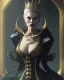 Placeholder: old evil queen in black leather gown, femme fatale, volouptous, busty, cleavage, angry, emperious, 8k resolution concept art portrait by Greg Rutkowski,