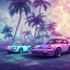 Placeholder: 1980's aesthetic vaporwave palm trees and spheres and Porsche with lightning