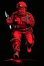 Placeholder: Turkish soldier(uniform and face based on racist steriotypes) running towards viewer, a knife i one hand, and a gun(barrel pointing at viewer) in the other. blocky retro 1960's jack kirby style poster in monochrome with white background