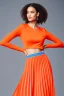 Placeholder: fullbody shot of young-beautiful-ozbek-with-a-perfect-face-with-make-up-wearing-orange top and midi pleated blue skirt