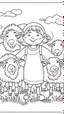 Placeholder: outline art for a kid's coloring page, children as joyful sheep in God's pasture, white background, sketch style, full body, only use outline, clean art , white background, no shadows and clear well outlined