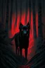 Placeholder: in the style of William Adolphe Bouguereau, a monstrous black dog with red, glowing eyes in a dark forest