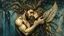 Placeholder: old worn layered canvas, Surrealism, Captivating realistic painting of a MAN, Medium ground, vibrant gold splashes, Multiple exposure, fluffiness, Their faces are BRIGHTLY LITTLE, his hair blends into swirling fractal vines and tree roots, dark green foliage, HE HUGS THE WOMAN, WINGS, Their faces are brightly lit, Flowing hair dissolves into intricate patterns of blue waterfall, Night-time tiny glowing fireflies, Set against a hazy ethereal background, Flashes, Space, Gold fragments, Gold partic