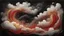 Placeholder: A stylized depiction of red and white swirling clouds or mist with gold accents against a black background, possibly representing a fantastical or abstract scene