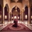 Placeholder: Hyper Realistic sad-Muslim-man doing sajdah inside a beautifully crafted maroon-&-golden-mosque with fancy walls & pillars, chandeliers & beautiful-white-carpet at night