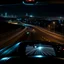 Placeholder: night time, a car dashboard lighting up, a dark road in the windscreen, with a beautiful city in the distance, photo quality