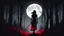 Placeholder: the silhouette of a woman seen from behind, walking into a dark forest, with a dagger in hand, black and red image, night, realistic, moon