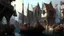 Placeholder: gothic medieval harbour with ships, piers, houses, shops, inns, balconies, plants, people, market