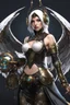 Placeholder: Fullbody of Steampunk armor, burka,beautiful angel wings, angry,malicious, goddess, warrior girl, crystal, broken glass, jewelry, ornements, half opened mouth, starcraft, magical orbe, cat eyes,white face,scifi, technology, photography