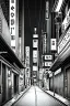 Placeholder: Tokyo alley, line arts, greyscale