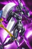 Placeholder: A Genderless Cyborg made of metal, has a human like face with a long violet ponytail, the cybord is wearing armor similar to Megaman Omega. The color palatte of the armour is deep purple and yellow.