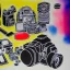 Placeholder: elements of photographic equipment. poster graphics. high detailed. acrylic painting and ink.