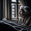 Placeholder: Old lady lying on her bed looking outside the window, sick and looks lonely raining outside