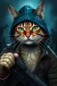 Placeholder: cat with shark mask hat solana fightin in the trenches in the style of banksy