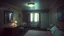 Placeholder: inside a cheap, sleazy motel room, bright light, empty room, grainy candid photograph, documentary style