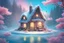 Placeholder: Little small fairy house set in a magical snow covered forest. Lots of flowers, birds and butterflies. Sparks of light everywhere. The sky is blue. In the foreground are pink and yellow flowers, then an iced turquoise lake near snow-covered fir trees. Intense colors. hight definition Magical atmosphere