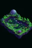 Placeholder: pixel art top down planet surface in 2d game, detailed level, mint green terrain, violet earth with plants and rocks, space plants with glowing fruits