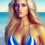 Placeholder: retrato de mujer rubia en playa en bikini con ojos azules