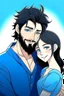 Placeholder: Anime man with beard, handsome and happy, holding wife (black hair and blue eyes). Romantic and in love