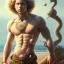 Placeholder: intricate, sharp focus, illustration, highly detailed, digital painting, concept art, germ and Paul Lewin and Kehinde Wiley, full body image of a beautiful 12 year old boy with long, blonde curly hair and light blue eyes, smiling, shirtless, in front of an distant beach