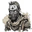 Placeholder: bandit wearing a cage mask, war paint, blind eye, dirty. post-apocalyptic punk style. comic drawing style.