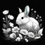 Placeholder: colorless quakkas between seeds and big flowers black background .black and white colors. for a coloring. with grayscale