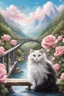 Placeholder: in the center: beautiful chunky fluffy black and white cats with green eyes sitting on a bridge, under the brigde flows a small blue river; background: landscape with mountains and white clouds, butterflys flying in the sky; first plan: pink roses;