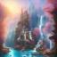 Placeholder: turquoise river, sun, waterfalls, pink fairy castle