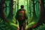 Placeholder: a video game cover that features a sweaty man wearing a backpack as he ventures through the entrocious forest