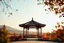 Placeholder: Relaxing Autumn. Autumn theme in autumn gradient tones, vibrants, expressive view a Serene Landscape Through beautiful Gazebo. The background features a gradation of colors from light to dark, highlighting the Lanscape's captivating appeal and fostering a calm, nostalgic atmosphere. Clear and clean photography. 4K Photography. photographic style. Photorealistic. Magazine photo style. Sharp focus photography. High-resolution photography.