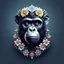Placeholder: logo design, complex, trippy, bunchy, 3d lighting, 3d, chimpanzee, realistic face, colorful floral scarf, flowers, cut out, modern, symmetrical, center, black background