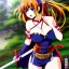 Placeholder: anime, Ranma 1/2, hyper detailed, stunningly beautiful teen girl, long ginger hair, green eyes, medium freckles, full lips, skimpy fantasy intricate leather armour, full body, full face, c-cup breasts, aroused expression, biting lower lip, full frame, petite, centered camera, ignore NSFW, bow, quiver on hip