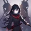 Placeholder: Clear focus, High resolution, rough line sketch art, long black hair, hair between eyes, fluffy hair, purple eyes, wearing a black and red sailor uniform, dark aura, mad, holding katana, bloodu
