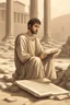 Placeholder: A Roman citizen of the third century, a 30-35-year-old man with kind eyes and a slight smile in poor clothes with a cross around his neck, sits on stones and writes on a papyrus scroll. He is sitting against the background of the ruins of Rome, against the background of the temple of Athena. High-quality 8K image in watercolor technique