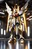 Placeholder: Full body Gundam wearing biomechanical silver gold armor, god light effect,photorealistic,abstract background