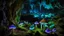 Placeholder: Glowing mushrooms, stalactites, stalagmites, underground lake, bats, silence, murmuring water, smell of dampness, moss, style: fantasy, lighting: bioluminescent, colors: green, blue, purple, camera: 24mm, perspective: first person, detail: high, focus: on the glowing mushroom