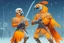 Placeholder: half parrot half human in a orange Dutch uniform with a katana having a sword fight in snow against a half human half skeleton