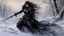 Placeholder: Hyper-photorealistic watercolor art style by Luis Royo , a warrior woman in black armor on the background of a cold snow-covered country, ice and crystal, frost and snow, hyperdetailed face, full body diagonal shot, encounters male bandits in dark fantasy countryside setting, absence of mysterious elements, dramatic lighting, ultrafine detail, octane rendering., by