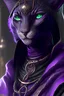 Placeholder: photorealistic female tabaxi black jaguar sorcerer, green eyes, hyperdetailed painting, black clothes trimmed in purple and silver, 4k resolution concept art, Artgerm, WLOP, Alphonse Mucha, 3d render, octane render, intricately detailed, cinematic, Isometric, Centered hipereallistic cover photo awesome, dark, gritty, realistic mucha, klimt, cinematic, background is nighttime forest scene with mist