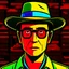 Placeholder: (Without glasses : 1.5) Gustavo Petro, comic style artwork, dark yellow, black, red and blue, with wide-brimmed hat, with white shirt, calm,