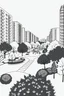 Placeholder: Black and white drawing // Black on white // Vector illustration // Modern urban park in a high-rise residential neighborhood: with trees, bushes, paths, sports and playgrounds // No people, deserted // Minimalistic, bold silhouettes, very few details, no textures or shadows, only strong contrast and pure geometry