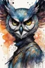 Placeholder: ink wash and watercolor concept illustration of a fanciful hybrid Owl girl character, ornately dressed with highly detailed feathers and facial features in the comic book style of Bill Sienkiewicz and Jean Giraud Moebius, with a fine art aesthetic, highly detailed , boldly inked, 4k UHD cinegraphic quality