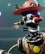 Placeholder: smiling mechanoid clown playing jazz with a steampunk theme, realistic