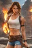 Placeholder: Realistic close-up photo of young Lara Croft with long hair and wearing only shorts and is holding a flaming whip, with a temple in the background
