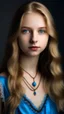 Placeholder: bleu dress , Age 24, girl, white Complexion, brown eyes, almond eyes shape, long hair, blonde silky hair, square face, button nose,bleu necklace