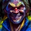 Placeholder: dnd, fantasy, watercolour, large strokes, stylistic, portrait, illustration, very dull black grey colours, male, face, sturdy wide face, weathered face, sly, violent, evil, ruthless, vicious, smiling