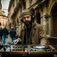 Placeholder: A short brown beard DJ with a hat on his head at the DJ console, many electronic consoles around, play middle street of medieval city, FRONT VIEW