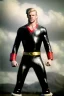 Placeholder: retro portrait image from 1960, sky background, wind, extra long blonde hair, fighting stance, young Chris Hemsworth, clean shave face, black dress, classic long tight lycra black suit, 2 steel disc in busty, big red cap, silver latex with scales on the arms, gold bracelet and belt, high boots, soft color, highly detailed, unreal engine 5, ray tracing, RTX, lumen lighting, ultra detail, volumetric lighting, 3d, finely drawn, high definition, high resolution.