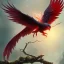 Placeholder: a detailed illustration of a black and red phoenix sitting on a branch of a tree, phoenix wallpaper, luminescent body, glinting wings, full body, symmetrical body, realistic, glowing wings, sharp focus, meticulously detailed, soft evening sky, 64k